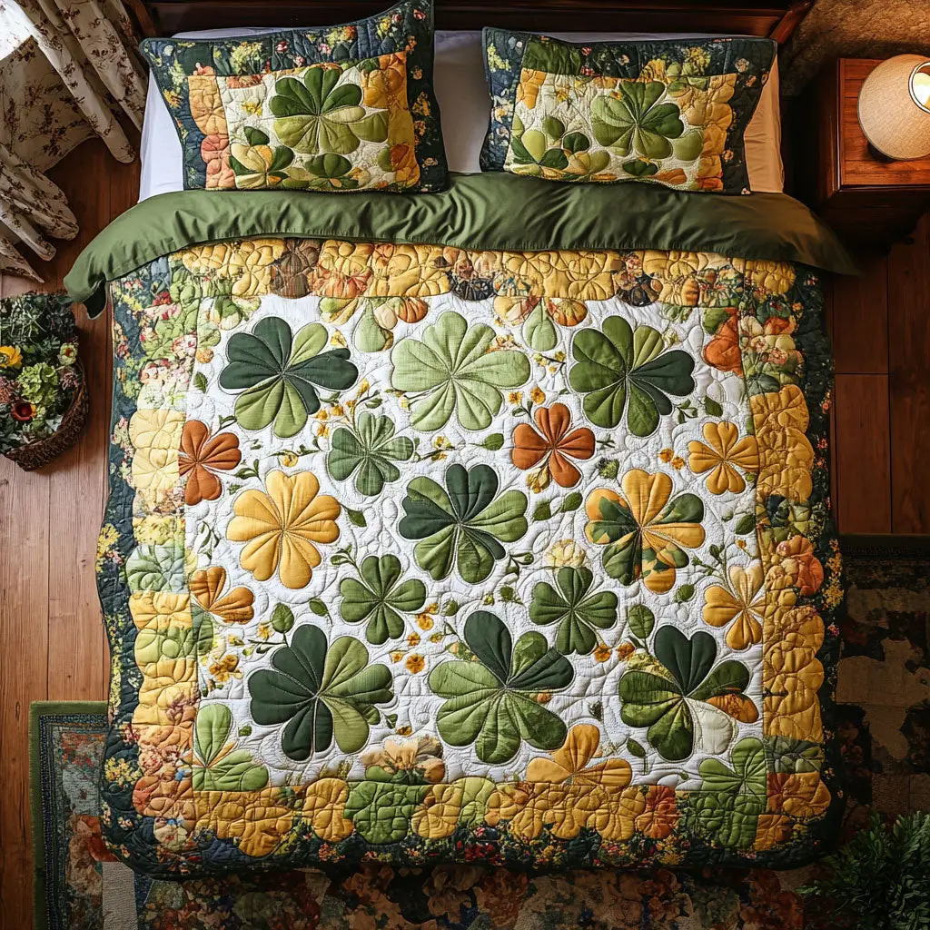 Four Leaf Clover Garden Quilted Bedding Set Cozy Aesthetic Home Decor St Patricks Day Gifts
