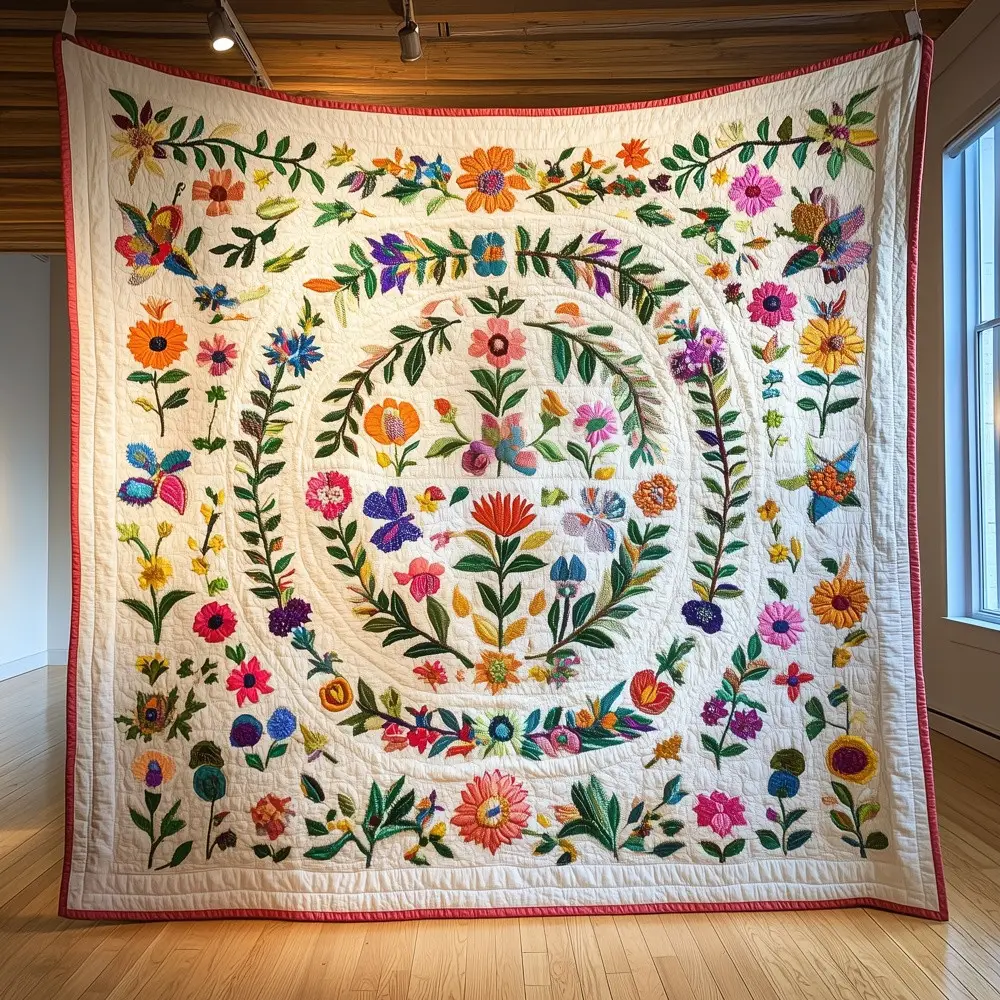 Four Seasons Floral Garden Quilted Blanket Botanical Embroidery Art Throw Best Gift For Flower Lovers Four Seasons Floral Garden Quilted Blanket Botanical Embroidery Art Throw Best Gift For Flower Lovers - Image 1