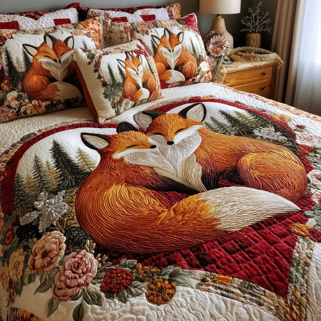 Fox Quilted Bedding Set Foxes In Love Duvet Cover Valentine Day Presents For Fox Lovers