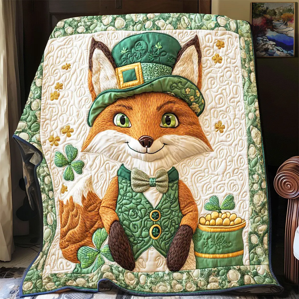 Fox Spirit Shamrock Quilted Blanket Bedding Ideas Happy St Patrick's Day Fox Lover Gifts