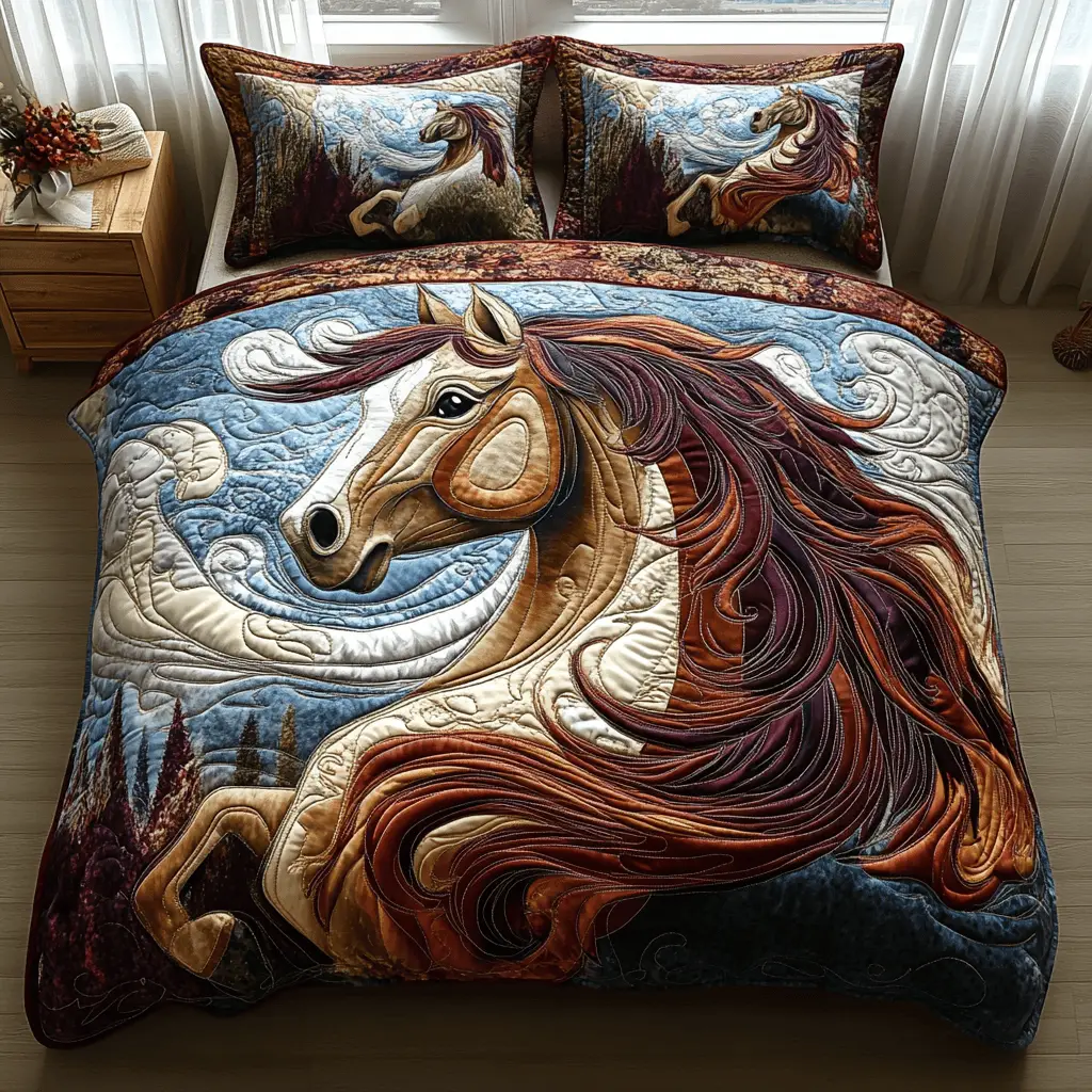 Free Spirit Quilted Bedding Set Aesthetic Room Decor Gifts For Female Horse Lovers