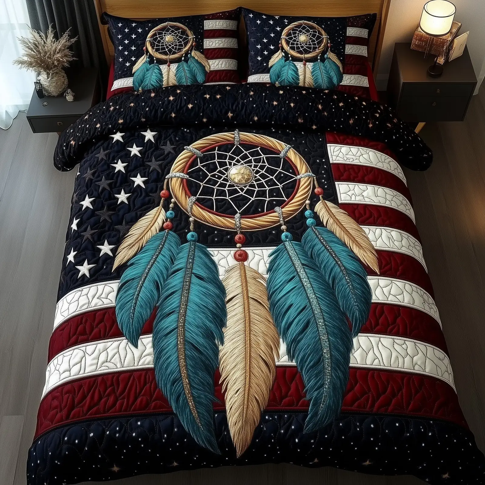 Freedom Totem USA Flag Quilted Bedding Set Duvet Cover Bedspread Native Feather Gift Ideas