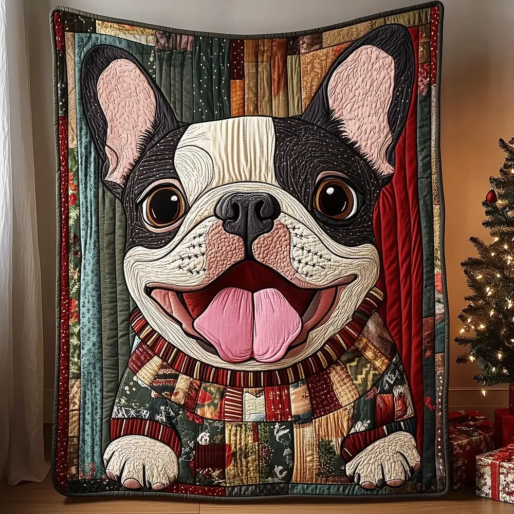 French Bulldog Christmas Quilted Blanket Happy Frenchie Dog Throw Blanket Best Gift For Dog Owners French Bulldog Christmas Quilted Blanket Happy Frenchie Dog Throw Blanket Best Gift For Dog Owners - Image 1