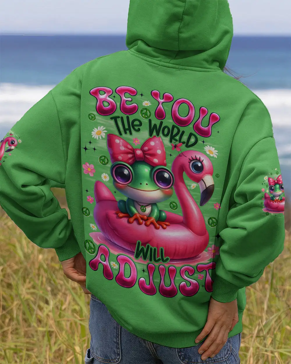Frog Be You The World Will Adjust Hoodie Colorful Frog With Flamingo Bow Merch Gift For Sister