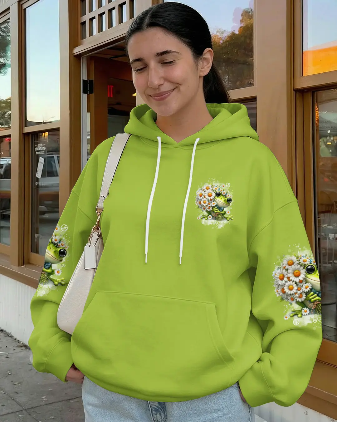 Frog Be You The World Will Adjust Hoodie Cute Frog With Daisy Bouquet Peace Sign Gift For Women