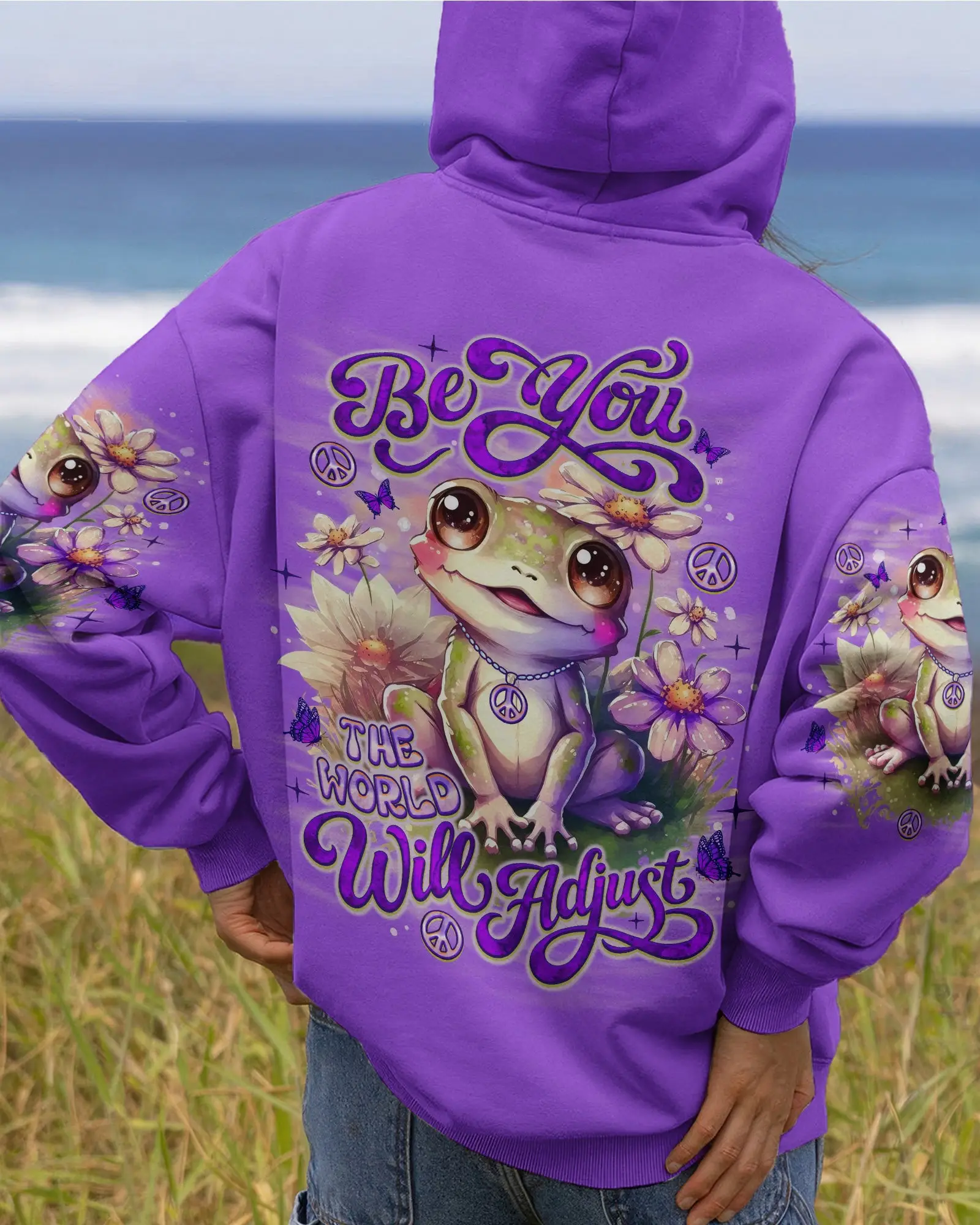Frog Be You The World Will Adjust Hoodie Purple Frog With Peace Symbols Flowers Gift For Wife