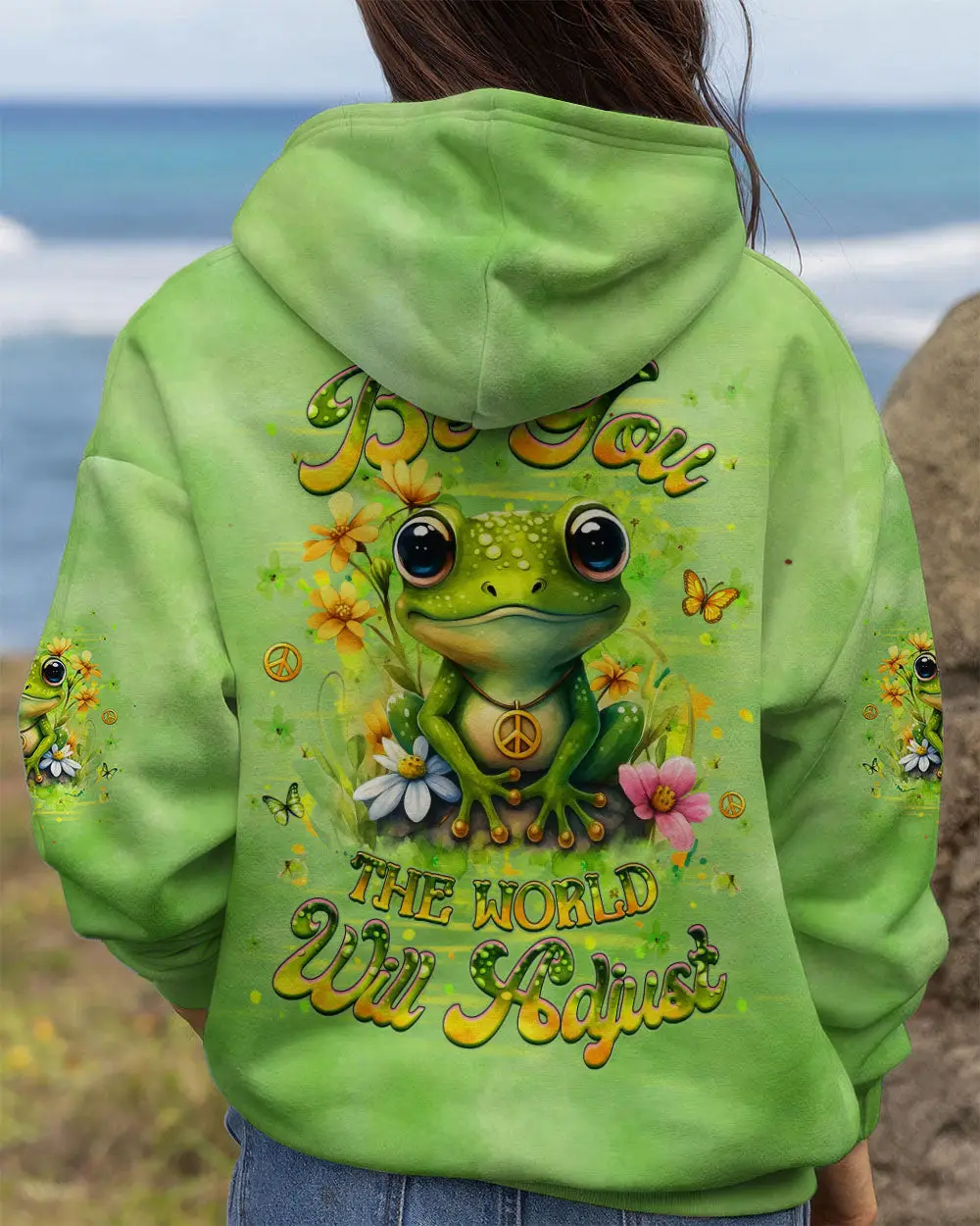 Frog Be You The World Will Adjust Hoodie Vibrant Frog Flower With Peace Sign Gift For Her