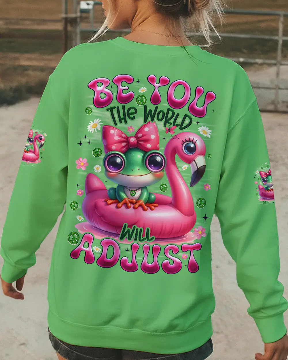 Frog Be You The World Will Adjust Sweatshirt Colorful Frog With Flamingo Bow Gift For Sister