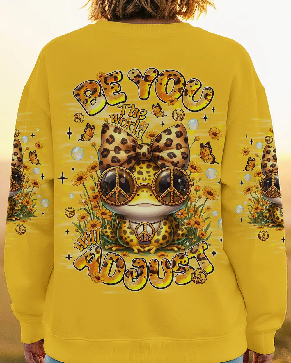 Frog Be You The World Will Adjust Sweatshirt Peace Sign Frog With Leopard Bow Present For Her