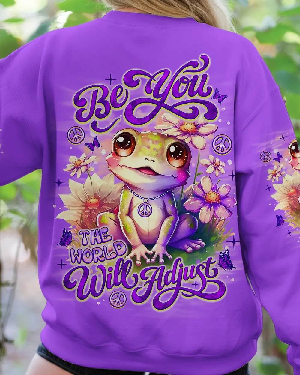 Frog Be You The World Will Adjust Sweatshirt Purple Frog With Peace Symbols Flowers For Wife