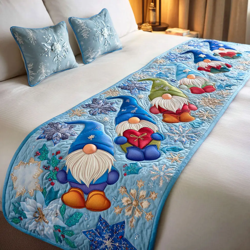Frost Gnome Glow Quilted Bed Runner Frost Gnome Glow Christmas Gift for Grandpa