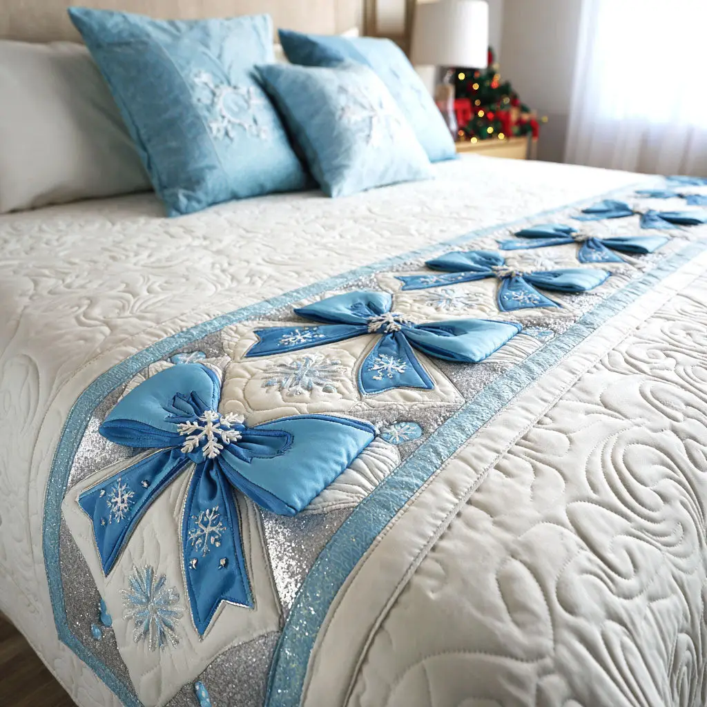 Frosted Bows Quilted Bed Runner Frosted Holiday Bows Winter Gift for Wife