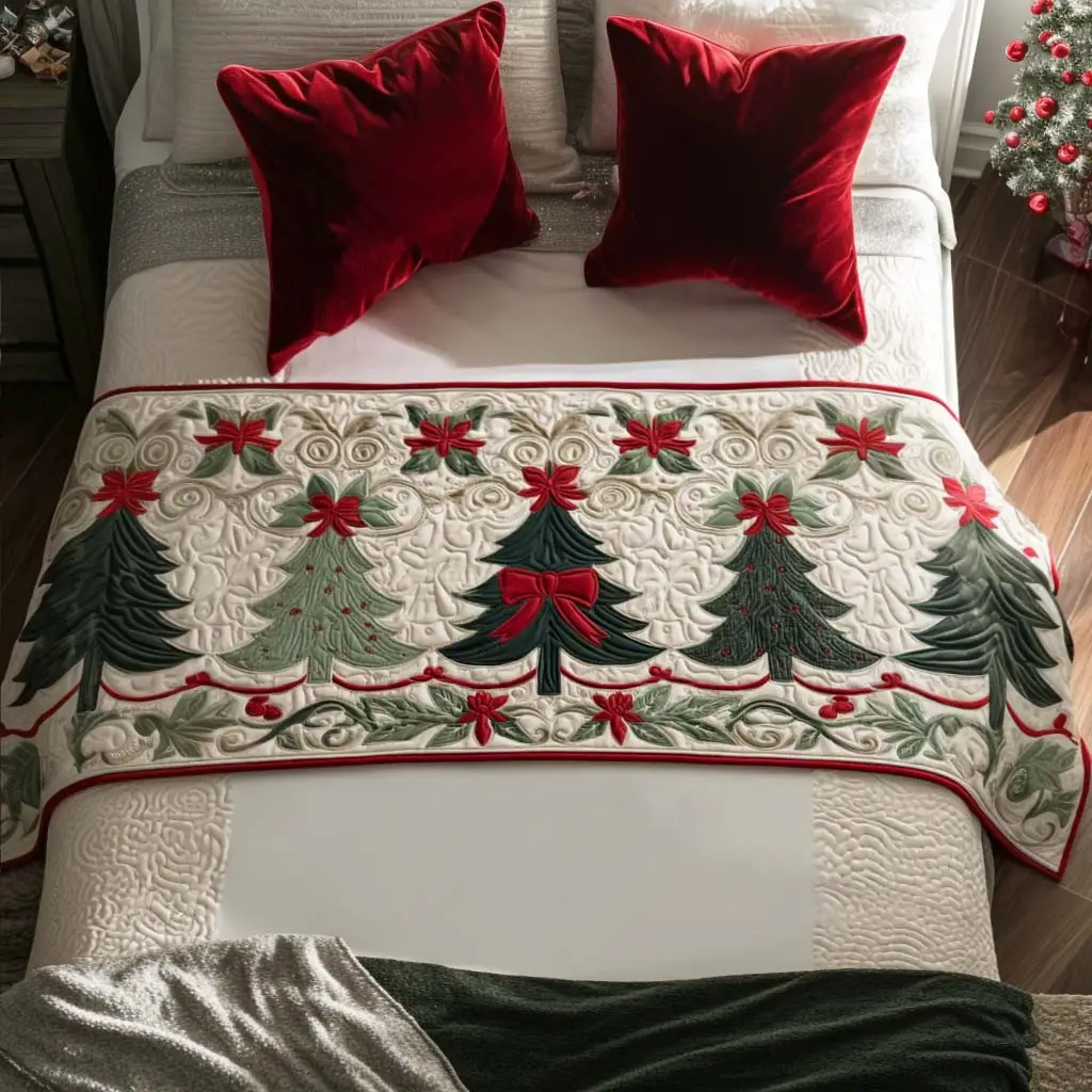 Frosted Evergreen Quilted Bed Runner Frosted Evergreen Scene Winter Gift for Dad
