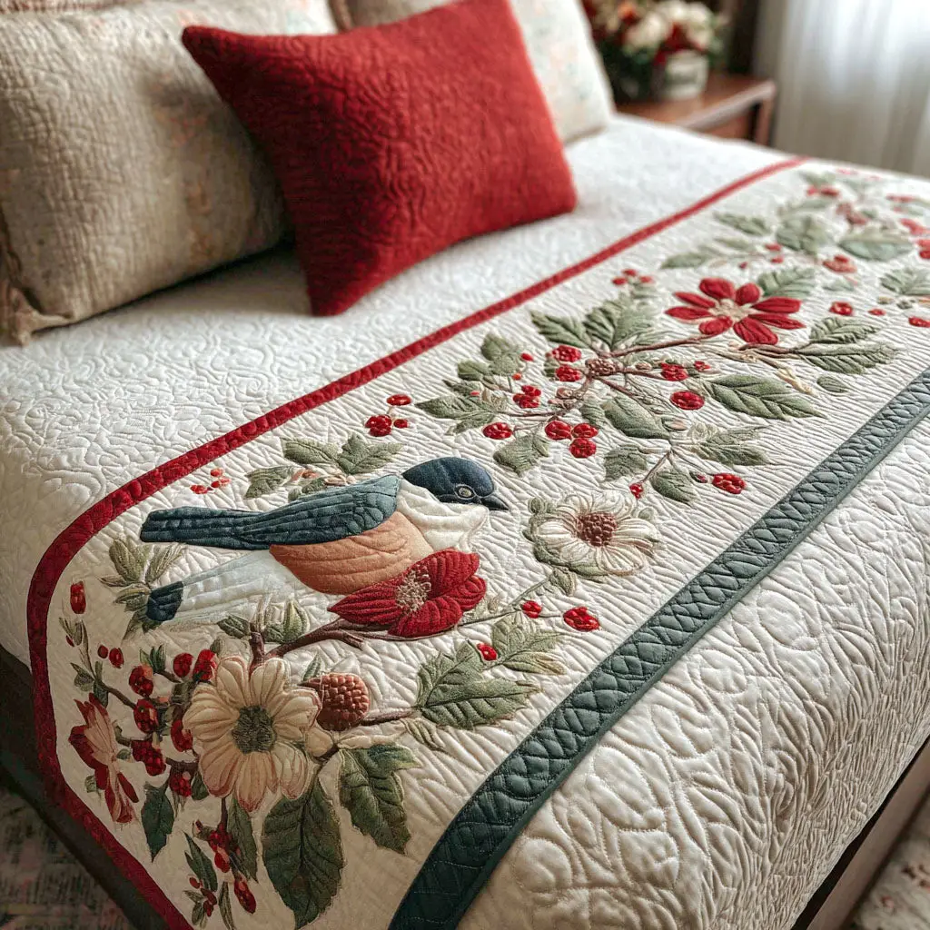 Frosted Feathers Quilted Bed Runner Feather Frost Detail Winter Gift for Grandma
