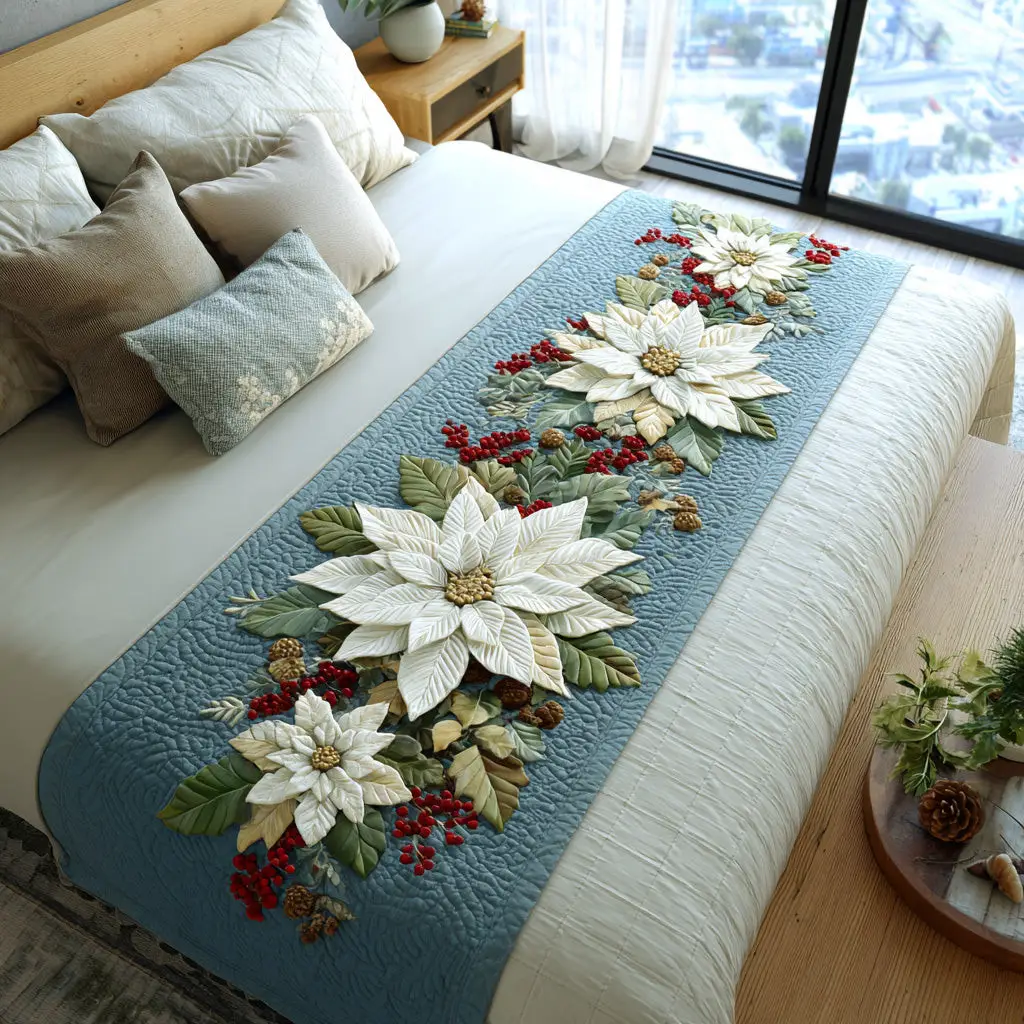 Frosted Petals Quilted Bed Runner Frosted Petal Bloom Winter Gift for Mom