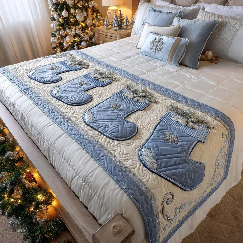 Frosted Stockings Quilted Bed Runner Christmas Stockings Artwork Holiday Gift for Family