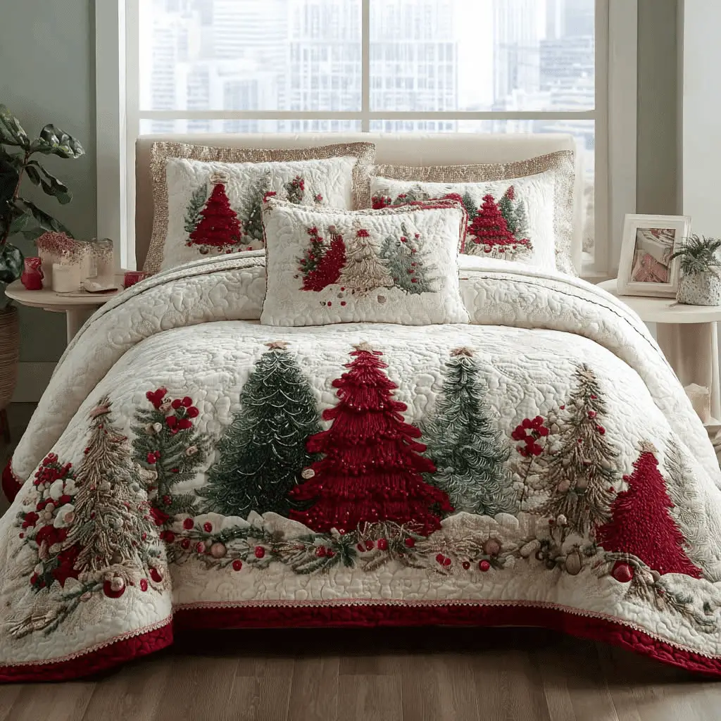 Frosted Wonder Quilt Bedding Set Colorful Pine Tree King Size Comforter Present for Parents