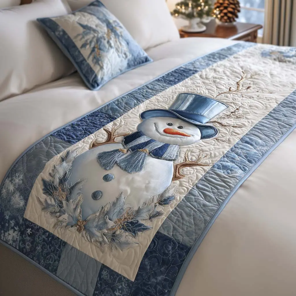 Frosty Charm Quilted Bed Runner Snowy Holiday Detail Christmas Gift for Daughter