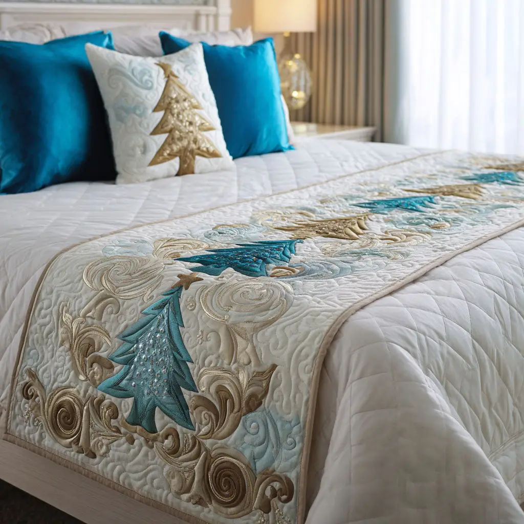 Frosty Evergreen Quilted Bed Runner Snowy Pine Look Gift for Mom