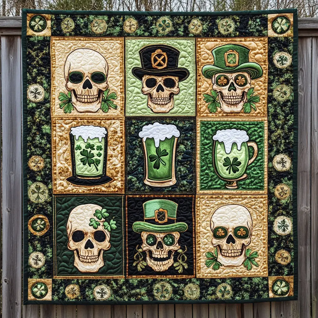 Frothy Skull Quilted Blanket Beeding Ideas Happy St Patrick's Day Skeleton Lover Gifts