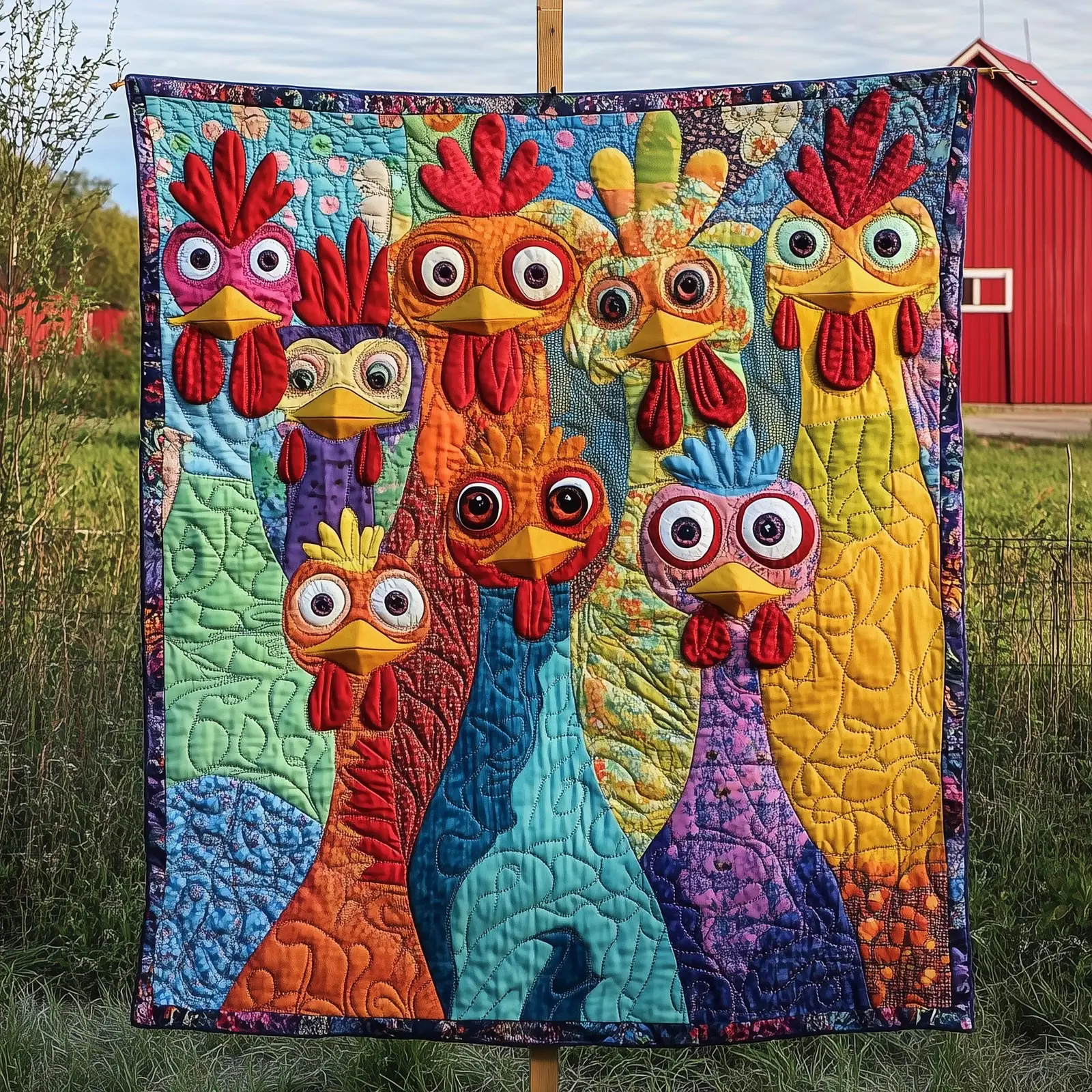 Funky Chicken Fiesta Quilted Blanket Cozy And Artistic Quilt Chicken Gifts For Him Her Funky Chicken Fiesta Quilted Blanket Cozy And Artistic Quilt Chicken Gifts For Him Her - Image 1
