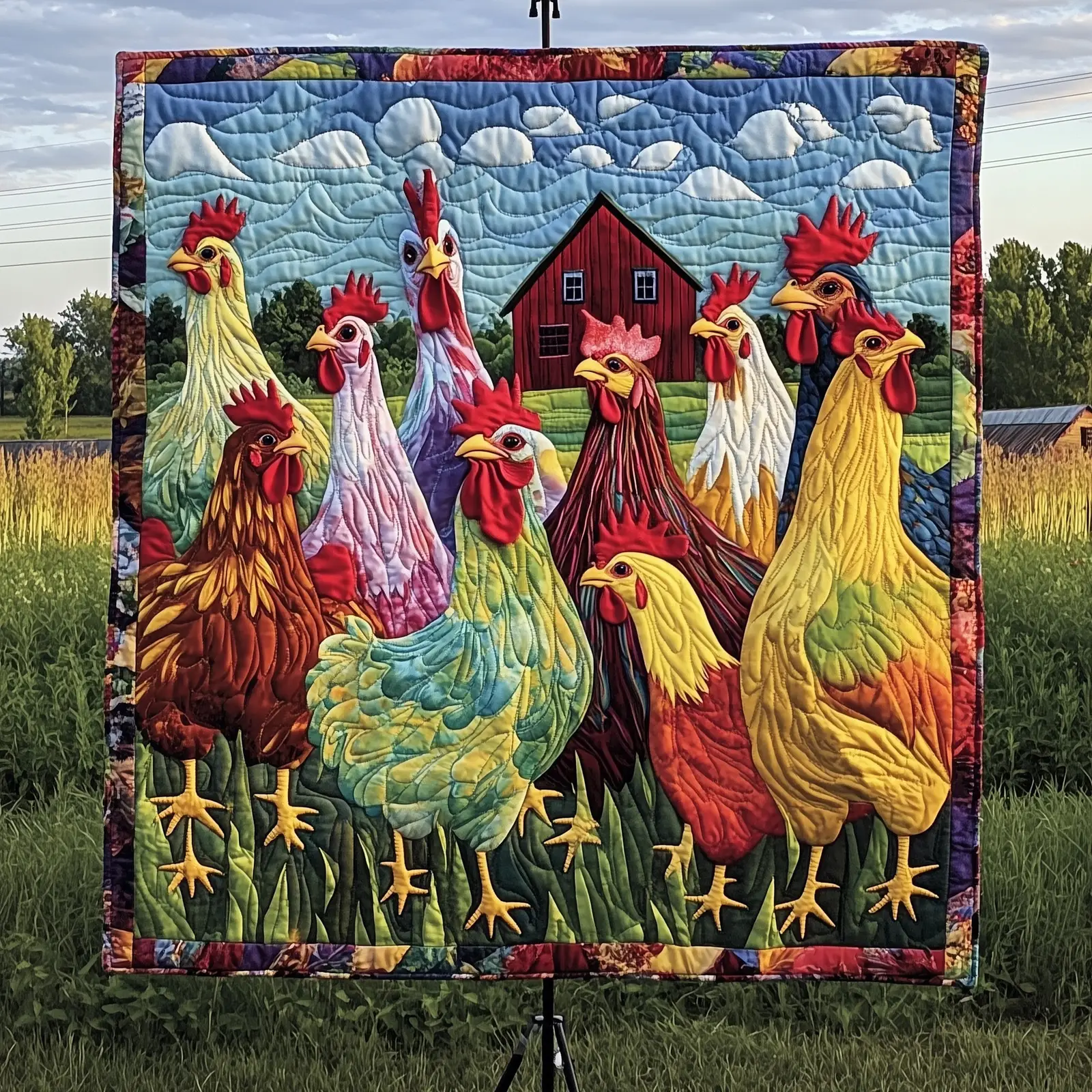 Funky Chicken Fiesta Quilted Blanket Lively Kitchen Accent Quilt Best Gifts For Chicken Farmer