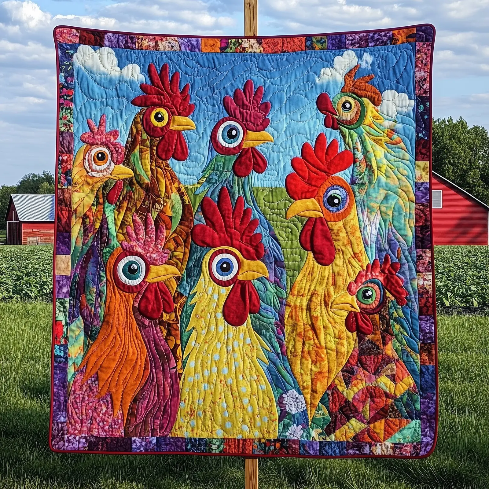 Funky Chicken Fiesta Quilted Blanket Premium Farm Cover Blanket Chicken Gifts For Him Her