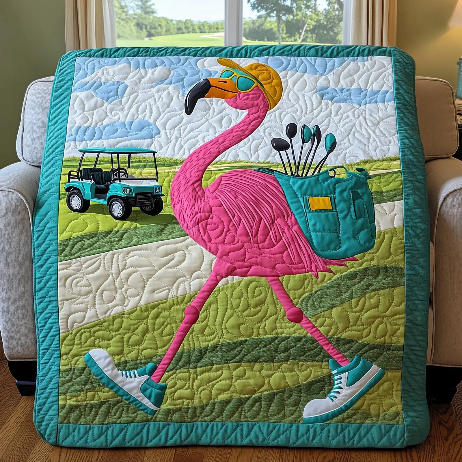 Funky Flamingo Golfer Quilted Blanket Pink Flamingo Humorous Golf Themed Quilt Gift Ideas