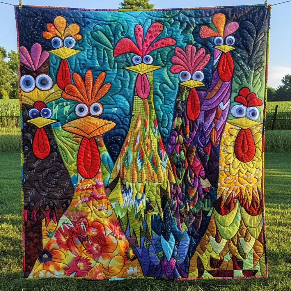 Funky Rooster Flock Quilted Blanket Colorful Crazy Chicken Throw Best Gift For Chicken Lover Farm Decor