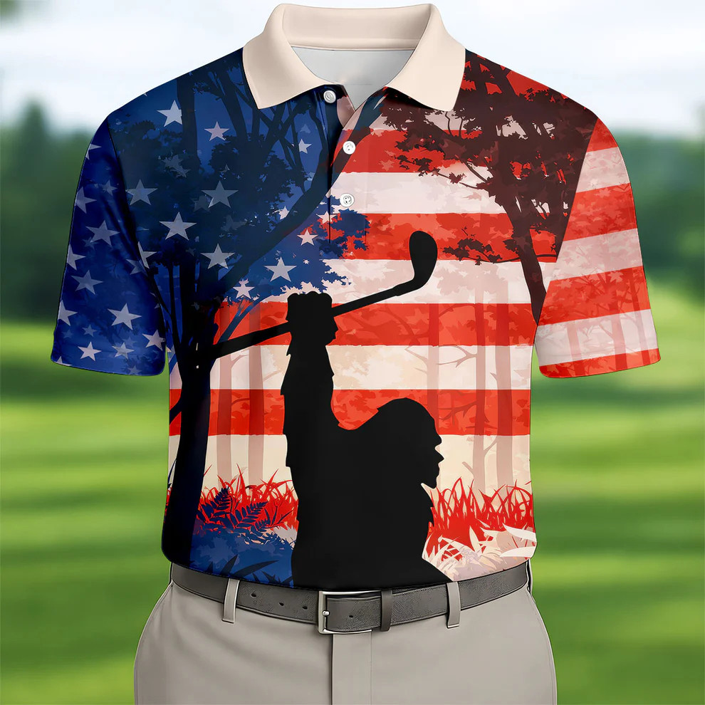 Funny Bigfoot Golf Polo Shirt 250th Patriotic Golf Shirt Men's Gift for Golfing Lovers