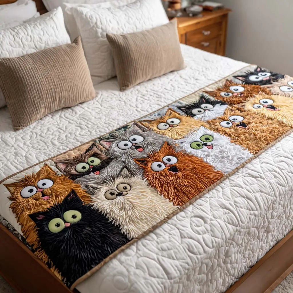 Funny Cats Quilted Bed Runner Cute Cat Lovers Gift for Best Friend
