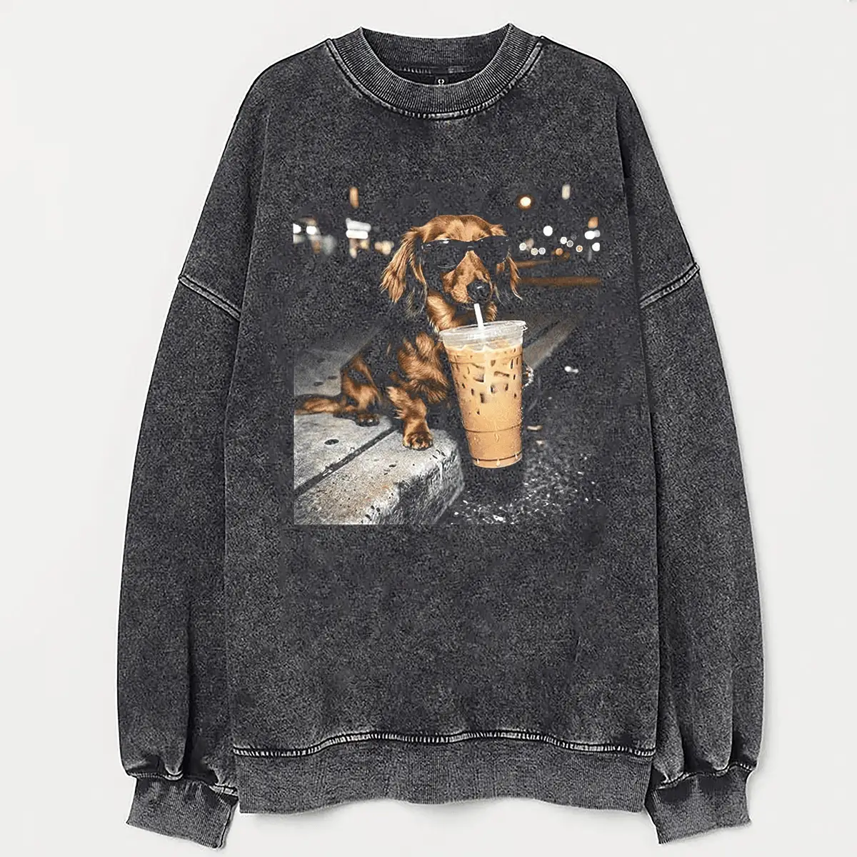 Funny Dachshund Drinking Iced Coffee Sweatshirt Cool Dog With Sunglasses Meme Apparel