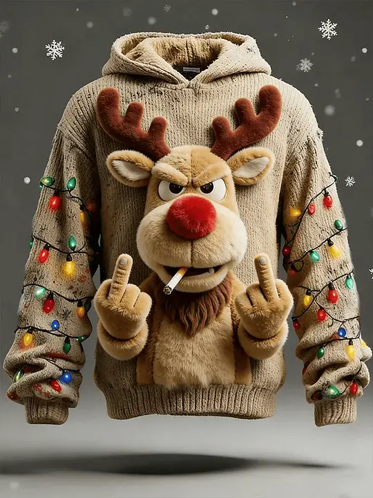 Funny Grumpy Reindeer Hoodie Christmas Novelty Ugly Sweater Style Best Gift For Men