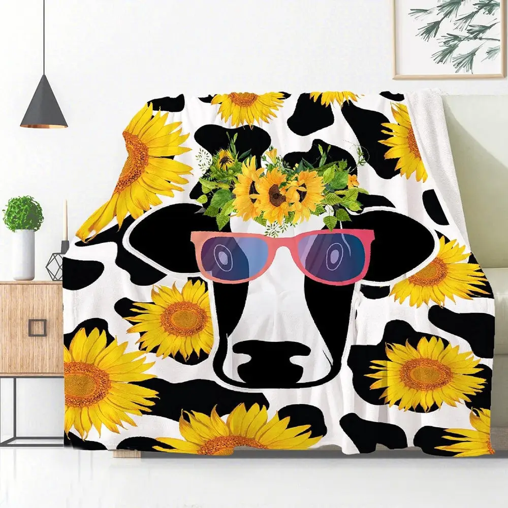 Funny Sunglasses Cattle Flower Pattern Blanket Farm Blanket Gift For Farmer