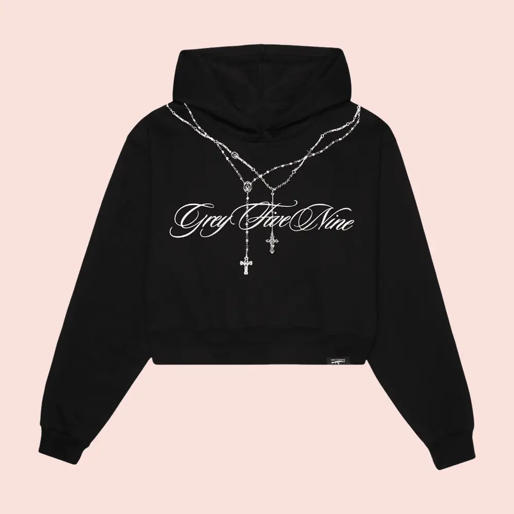 G59 Merch Rosary Black Cropped Hoodie Women's Grey Five Nine Hoodie G59 Records Merch
