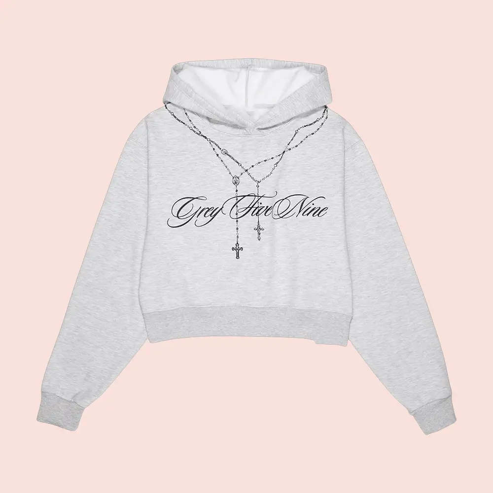 G59 Merch Rosary Cropped Hoodie Grey Five Nine Hoodie G59 Records Merch Gifts For Her
