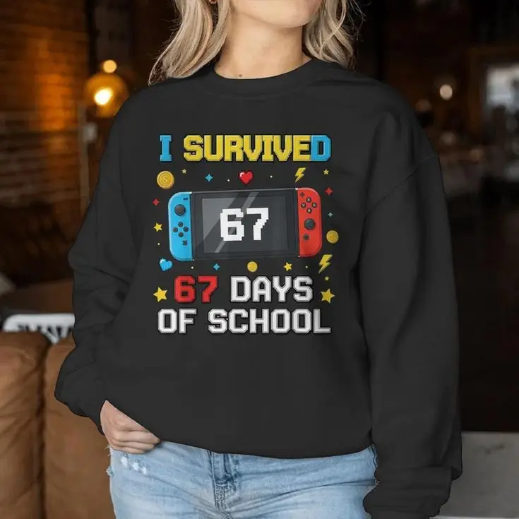 Gaming I Survived 67 Days Of School Sweatshirt Funny Pixel Clothing Gifts For Gamer Gaming I Survived 67 Days Of School Sweatshirt Funny Pixel Clothing Gifts For Gamer - Image 1