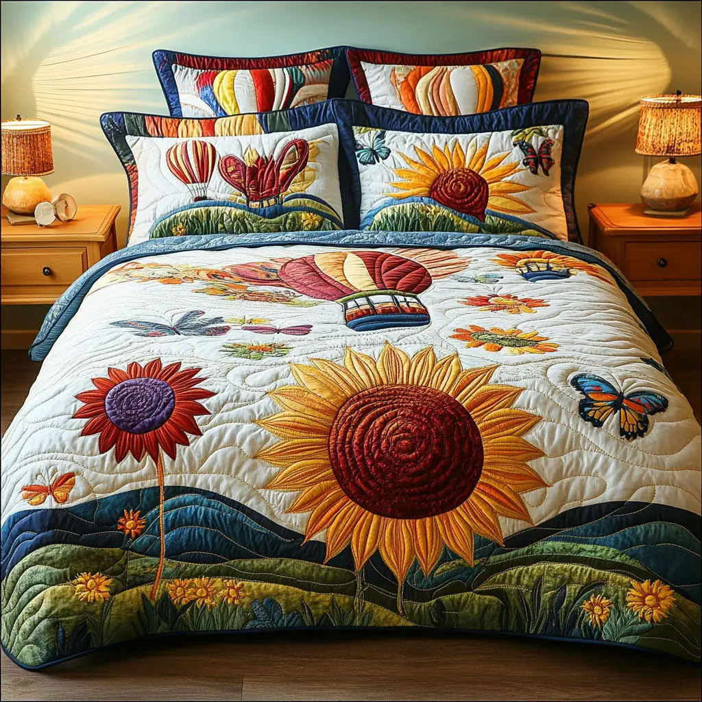 Garden Flight Dreams Quilted Bedding Set Bed Decor Sky Air Balloon Gifts For Adults