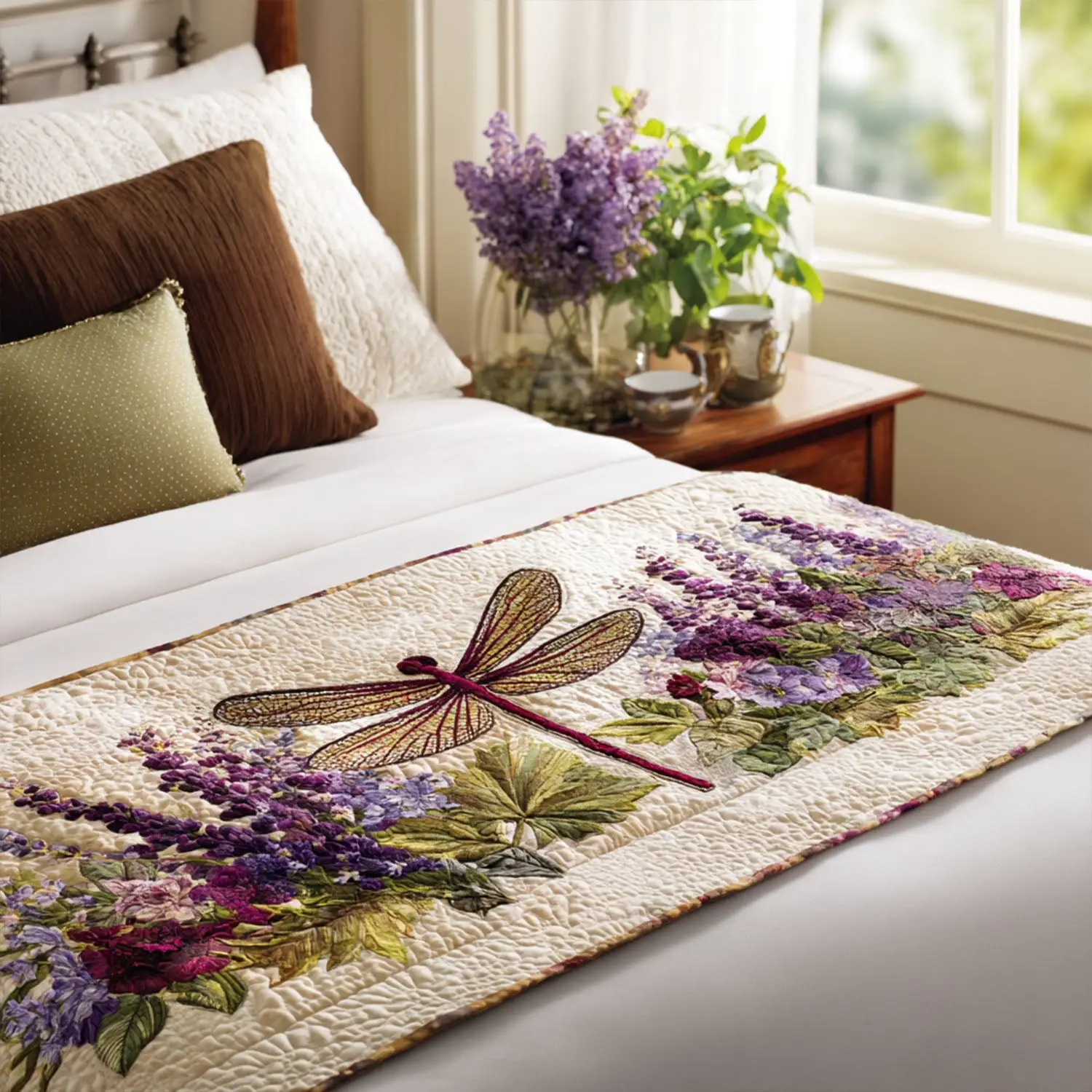 Garden Hover Quilted Bed Runner Floral Garden Look Gift for Mom