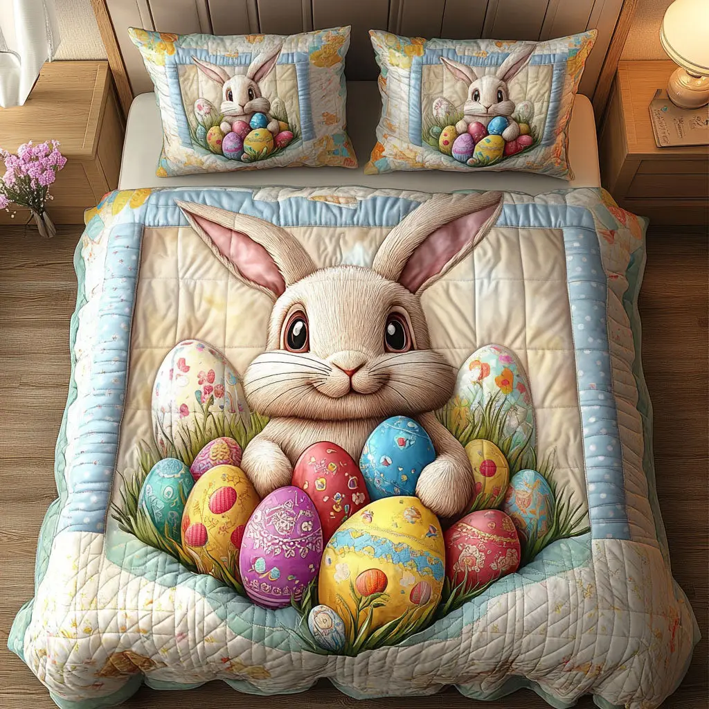 Gentle Bunny Joy Quilted Bedding Set Holiday Duvet Cover Presents For Bunny Lovers