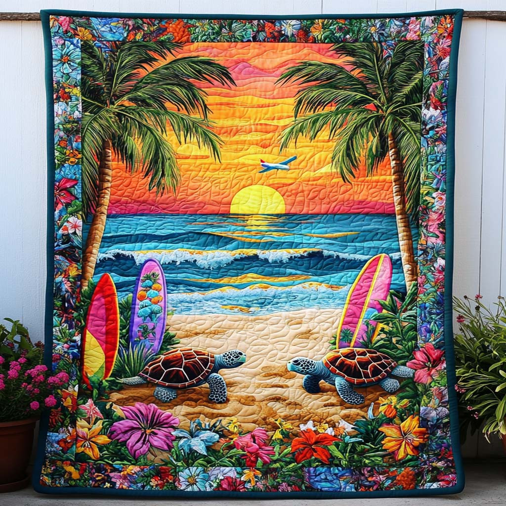 Gentle Turtle Waves Quilted Blanket Bedroom Xmas Decor Cute Turtle Lover Gift Ideas