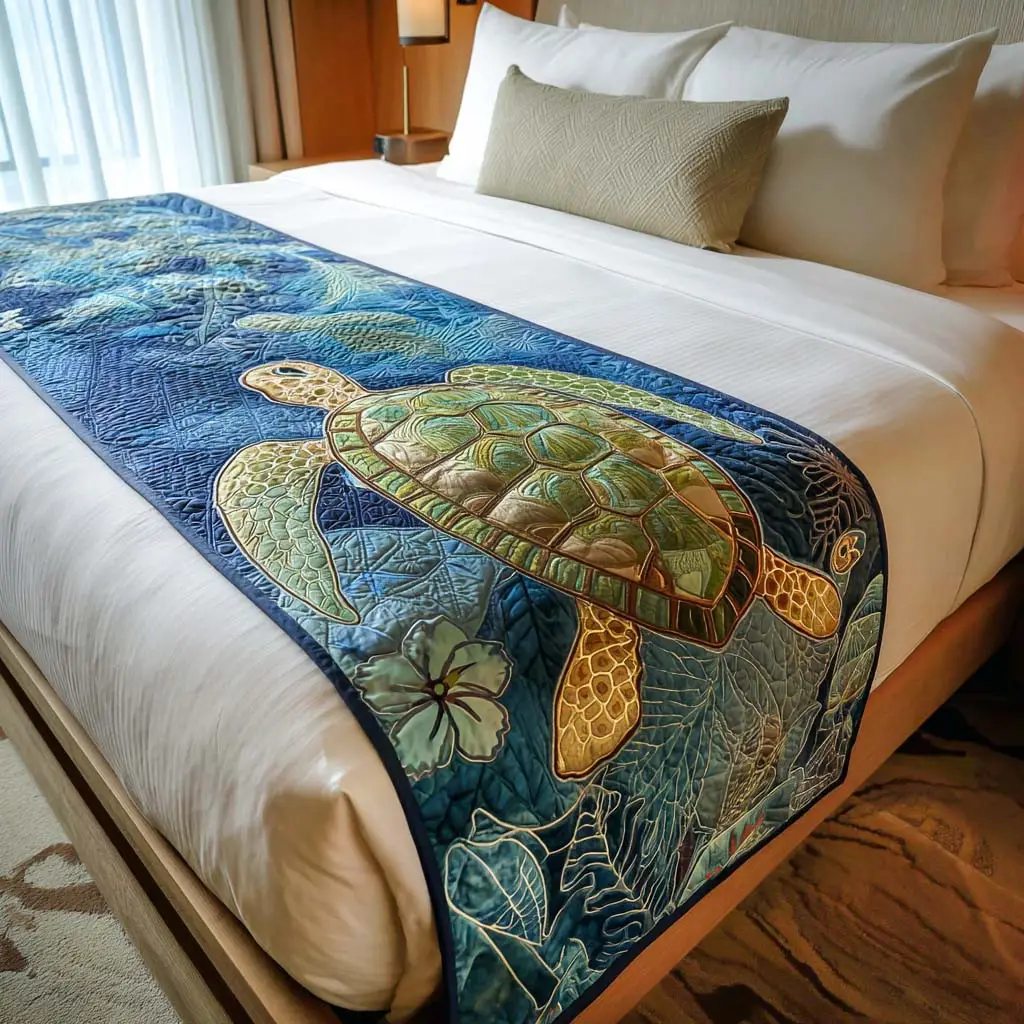 Gentle Voyager Quilted Bed Runner Gentle Turtle Voyage Nature Home Gift