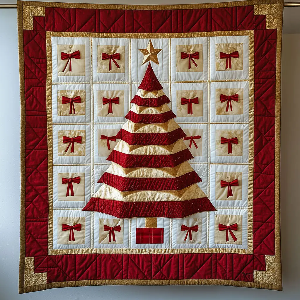 Geometric Christmas Tree And Bows Quilt Warm and Stylish Quilt Blanket for Winter Nights