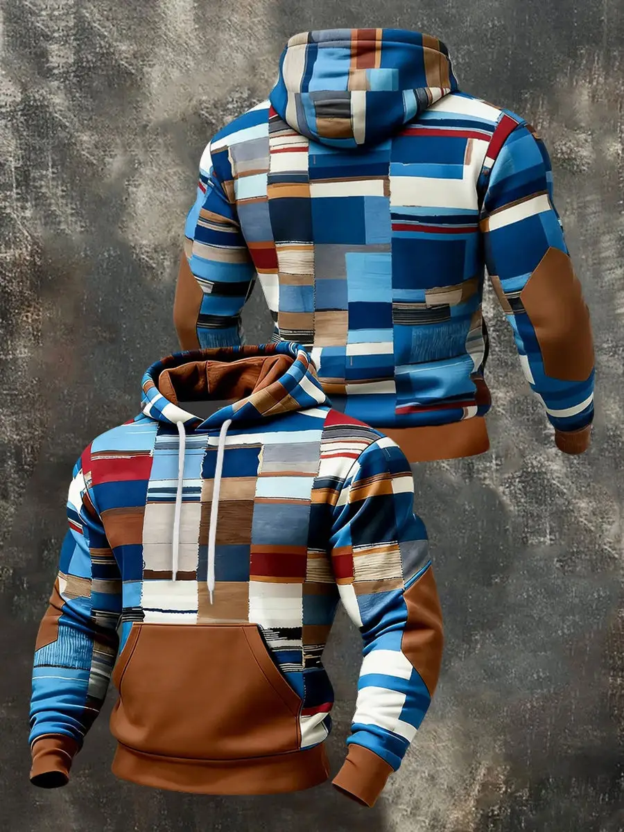 Geometric Patterns Hoodie Mens' Colorblock Panels Hooded Sweatshirt Perfect Father's Day Gifts