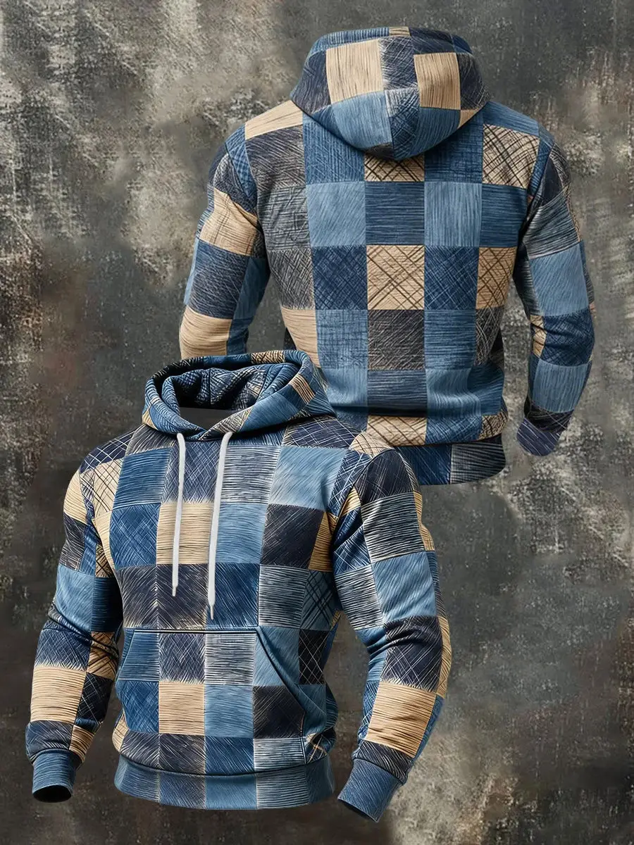 Geometric Patterns Hoodie Mens' Patchwork Plaid Hooded Sweatshirt Top Father's Day Gifts Geometric Patterns Hoodie Mens' Patchwork Plaid Hooded Sweatshirt Top Father's Day Gifts - Image 1