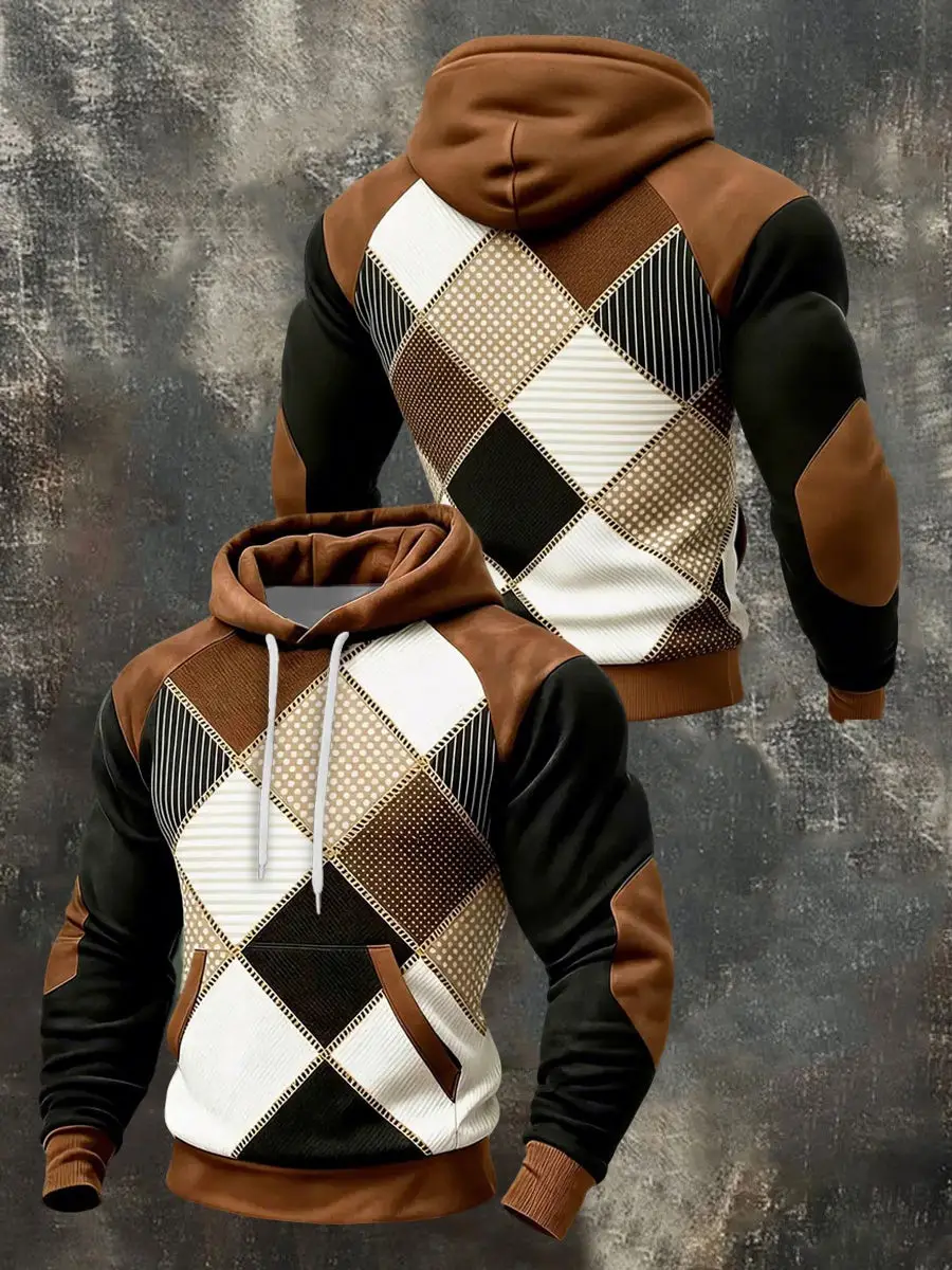 Geometric Patterns Hoodie Men's Patchwork Vintage Hooded Sweatshirt Father's Day Gifts Ideas