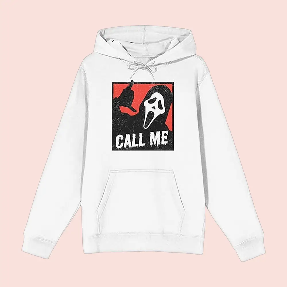 Ghostface Merch Call Me White Hoodie Gift Ideas For Horror Movie Fans