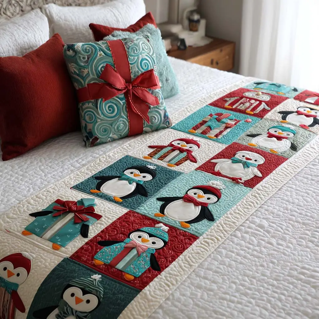 Gift Penguins Quilted Bed Runner Penguin Gift Theme Christmas Home Gift