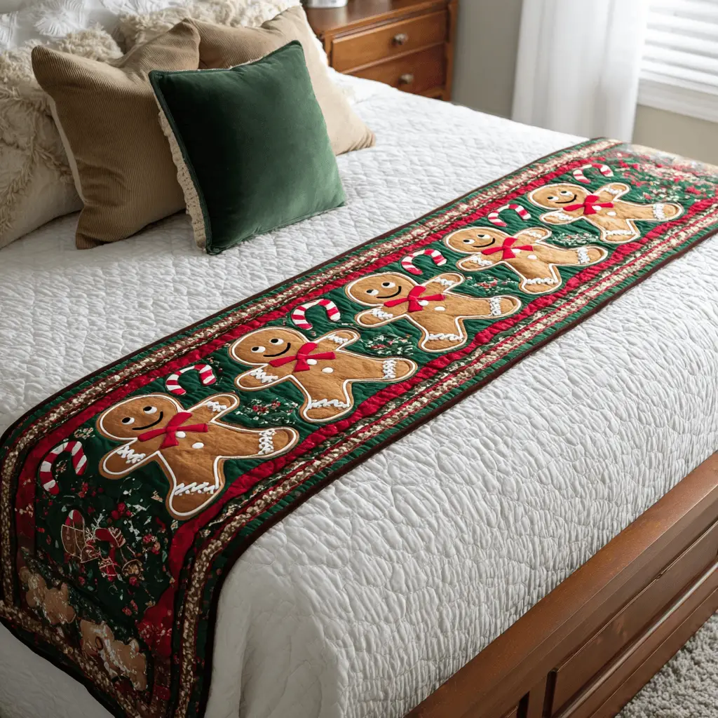 Gingerbread Cheer Quilted Bed Runner Gingerbread Holiday Cheer Christmas Gift for Neighbors