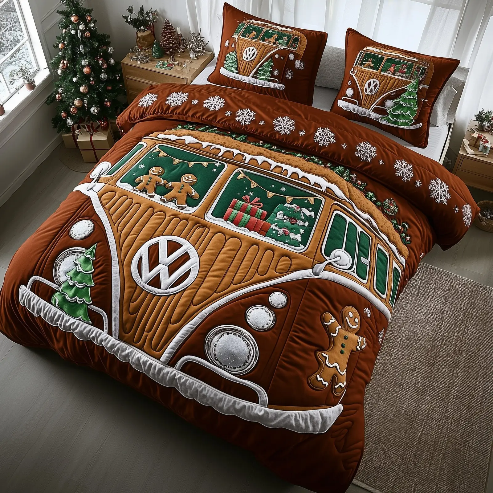 Gingerbread Getaway Christmas Quilted Bedding Set Duvet Cover Bedspread Xmas Gift Ideas